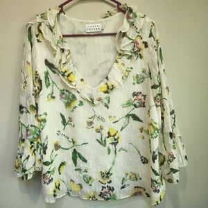 Tanya Taylor's Silk blouse 3/4 sleeve. Size S. V neck. White with flowers.